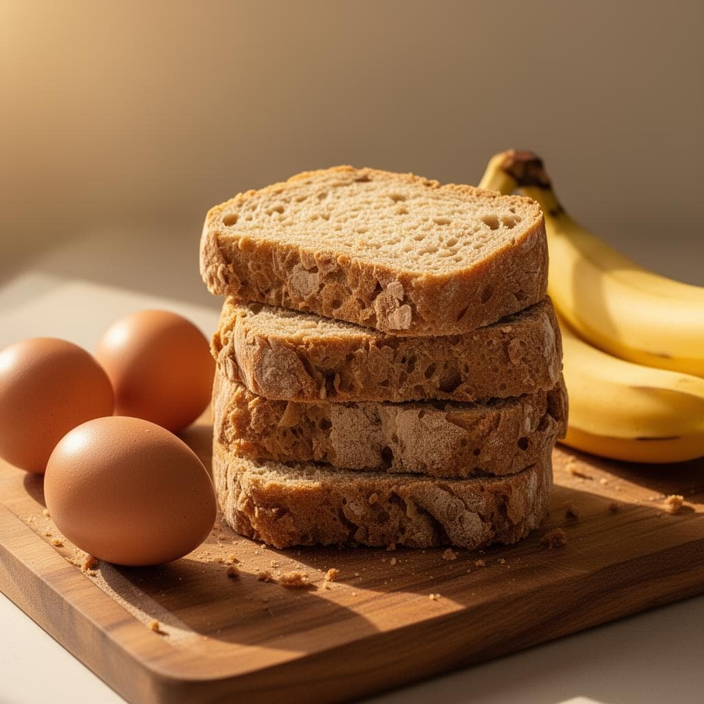Stapel sneetjes brood met eieren en bananen op een houten plank