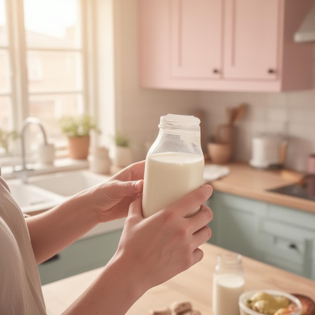 Iemand ruikt aan een fles melk in een lichte keuken